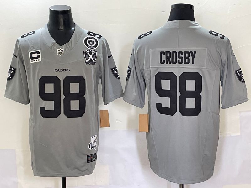 Men 2025 Oakland Raiders 98 Crosby Grey Throwback Three generations Nike Limited NFL Jersey style 3